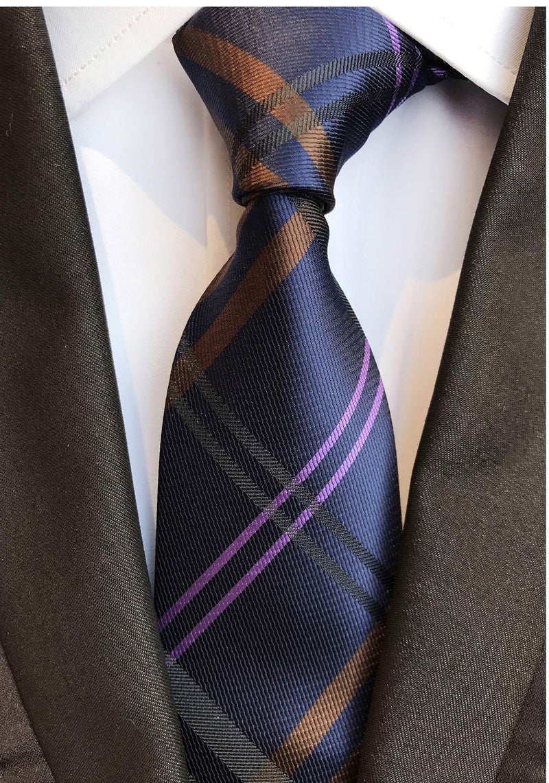 Elfeves Men's Navy Blue Brown Pink Geometric Plaids Striped Tie Trendy Patterned Necktie - Image 2